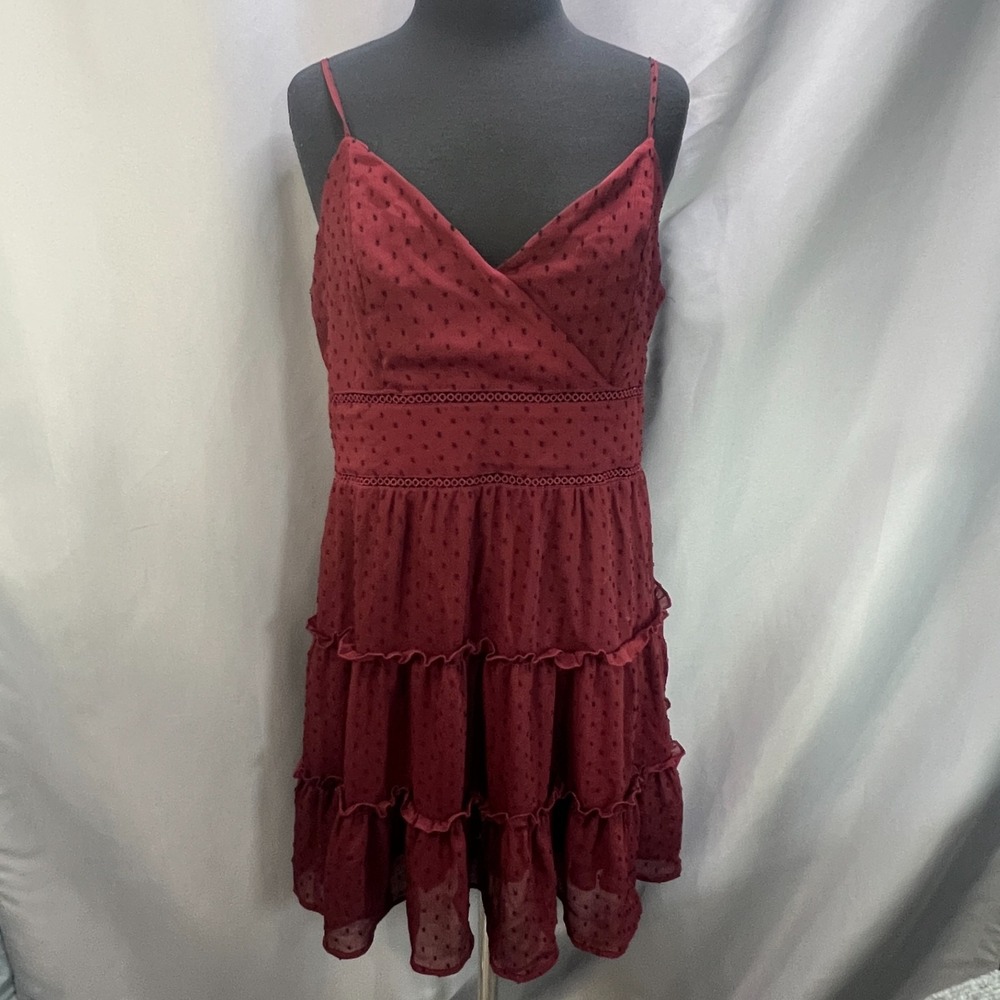 Trixxi Clip Dot Tiered Mini Dress Women XL Maroon Back Zip Spaghetti Strap Party